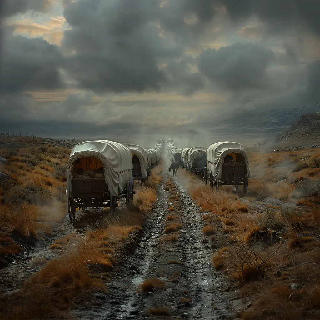 Aerial view of covered wagon train on prairie. One wagon shows figure jumping out, highlighting pioneer journey dangers.