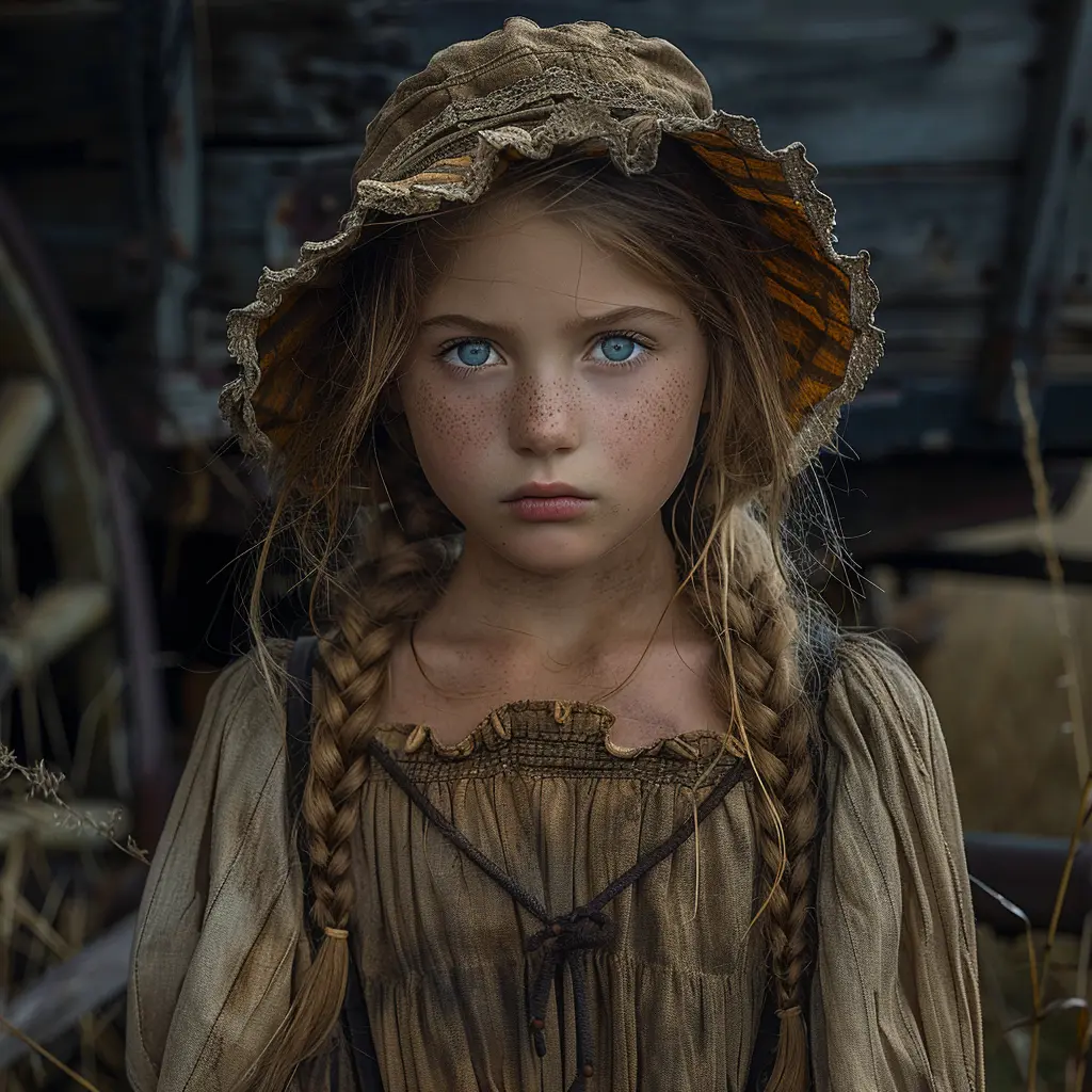 Downcast girl in dirty dress trudges behind wagon, longing for lost joy and escape from shame and mocking laughter.<br>