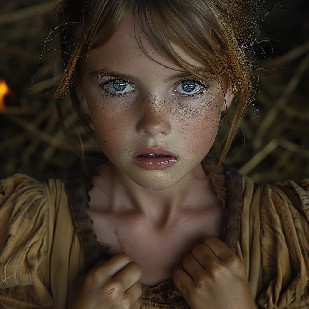 Close-up of worried 12-year-old girl by campfire, fidgeting with dress hem, eyes reflecting uncertainty<br>