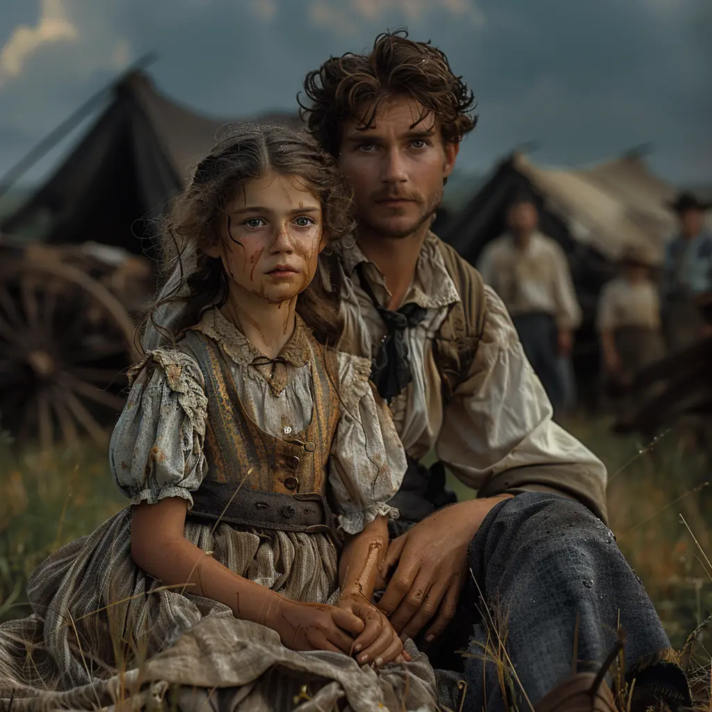 Solitary wildflower defies harsh prairie winds, fragile beauty mirrors young Eliza's resilience on the wagon trail westward
