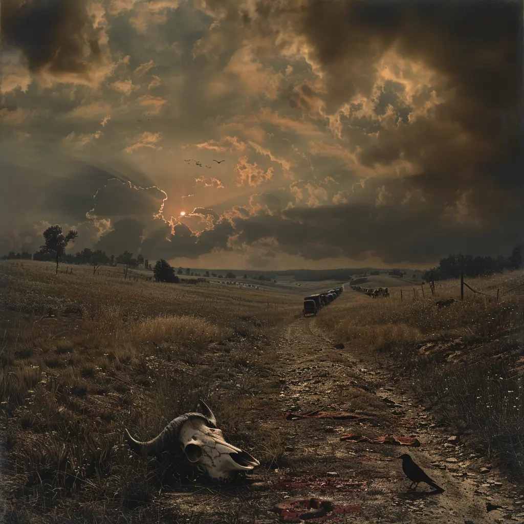 Sepia prairie panorama: wagon train crosses vast landscape, magpie perched on buffalo skull watches in foreground