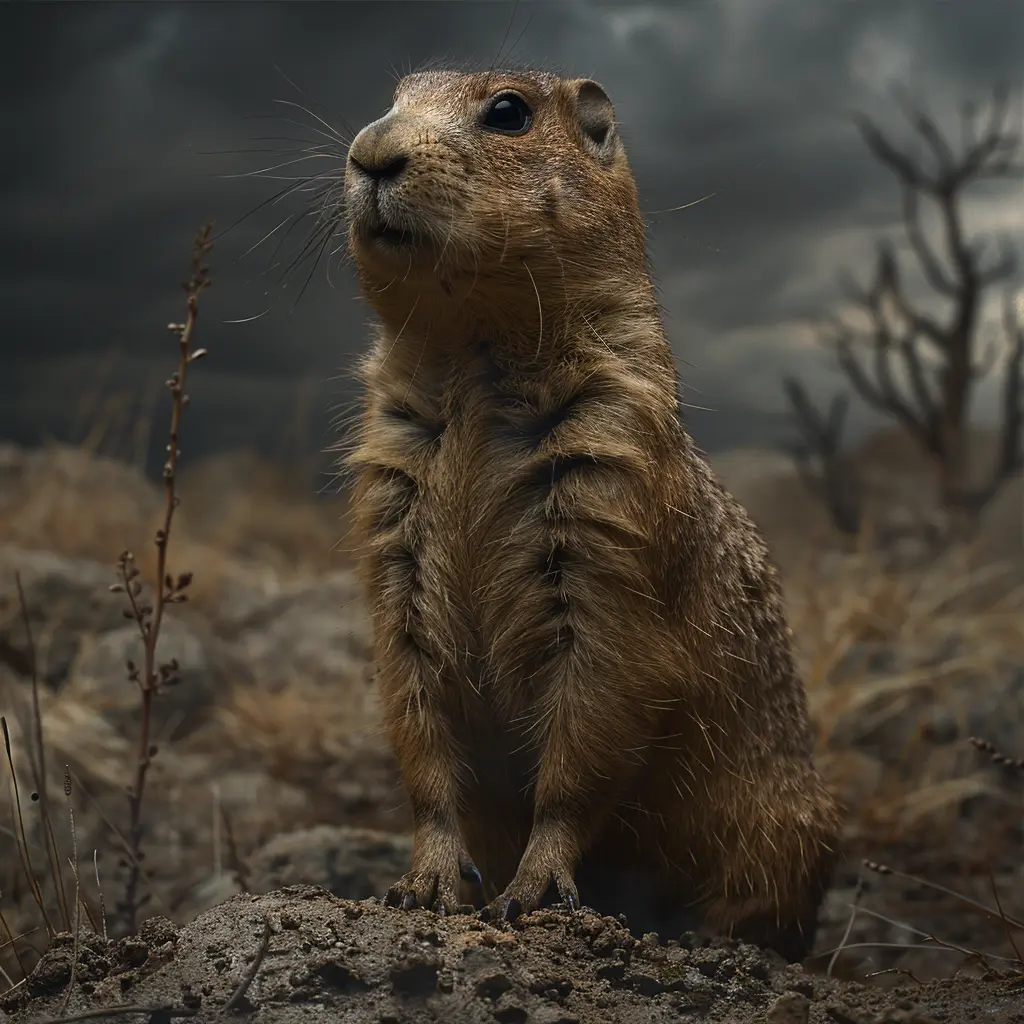 Prairie dog surveying vast frontier landscape of dry grasses, twisted juniper tree, and rocky terrain under open sky.