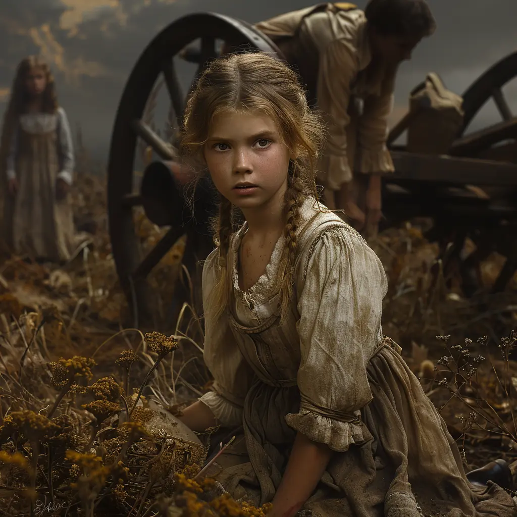 Young pioneer girl watches line of covered wagons crossing vast prairie, symbolizing frontier journey