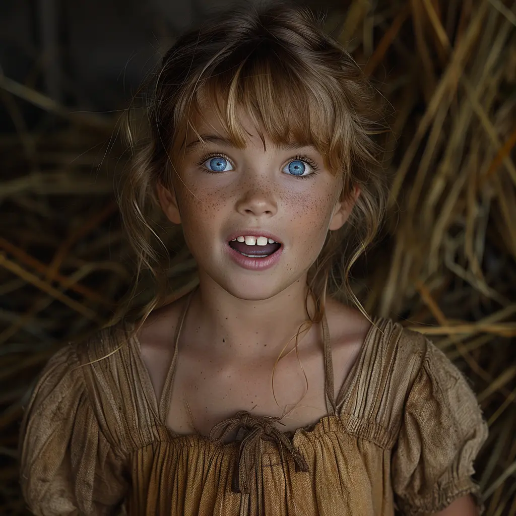 Young girl with freckles and windswept hair laughs joyfully, eyes wide and teary, pointing excitedly off-camera.