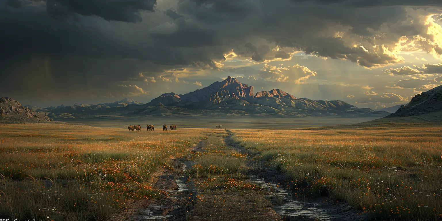Oregon Trail: Wagons traverse sun-scorched prairie towards distant mountains under storm clouds
