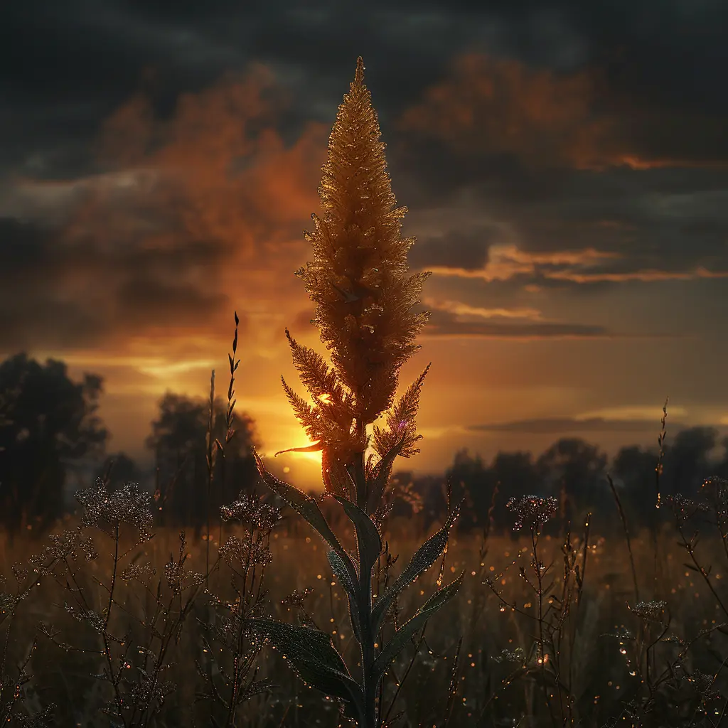 Golden prairie grass blade in focus, dew droplets glistening, with blurred golden grassland stretching to horizon at sunset.