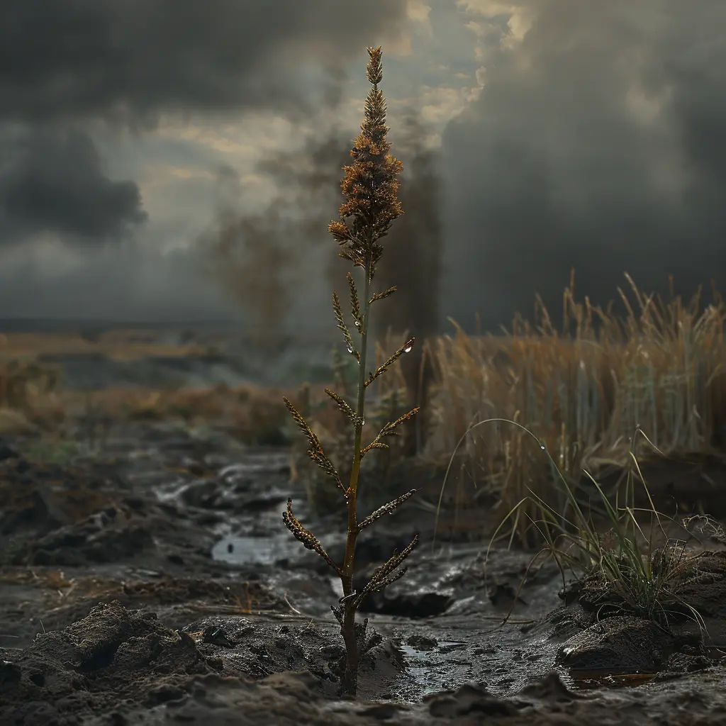 Dewdrop on prairie grass, wagon rut beyond, signifying hope's resilience amidst hardship's journey toward uncertain future.