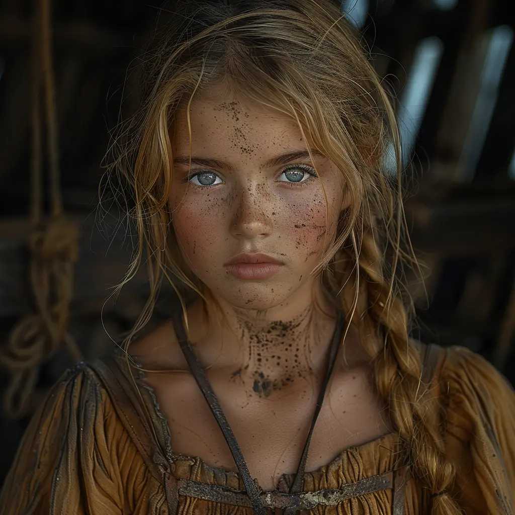 Young pioneer girl with sun-bleached hair gazes confidently at horizon from covered wagon at sunset