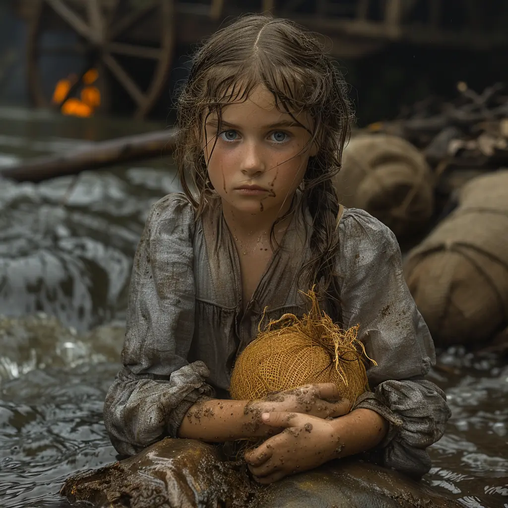 Girl with corn husk doll watches porcelain doll drift away, longing for family's warmth as covered wagon campfire burns.<br>