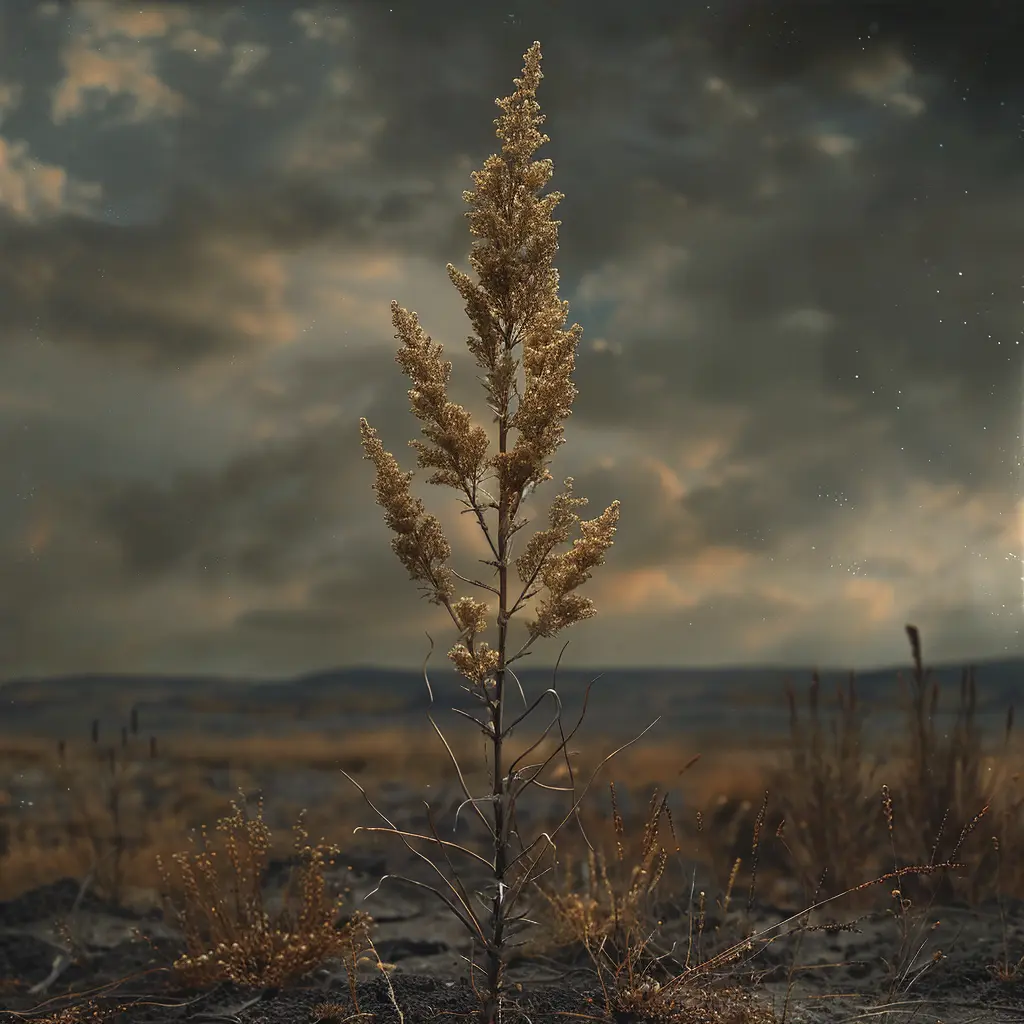 Weathered prairie grass blade against empty sky, faded beige with imperfections. Dewdrop on tip catches sunset light.
