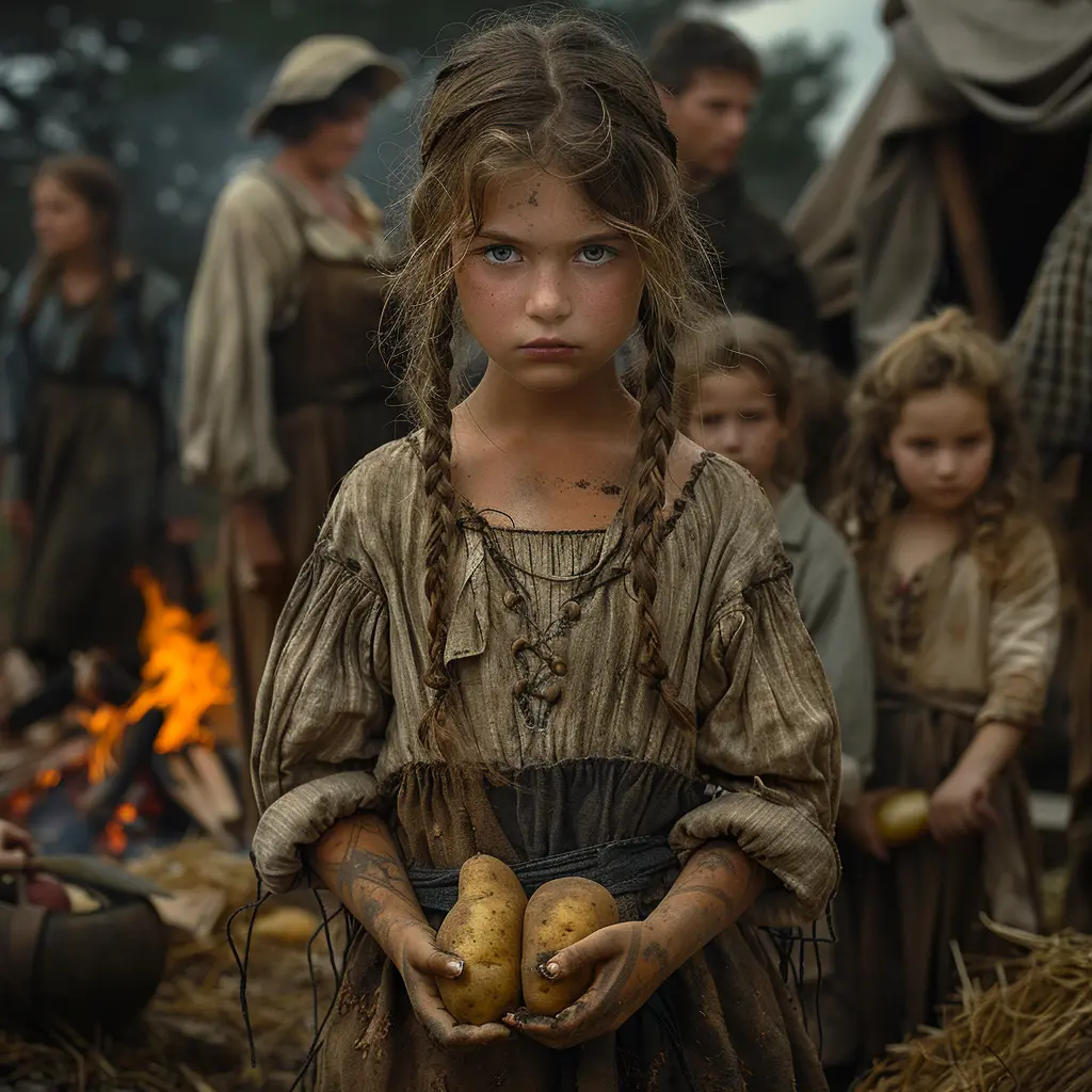 Aerial view of wagon train on prairie. Close-up of young girl Eliza sitting on wagon, steadying plates.