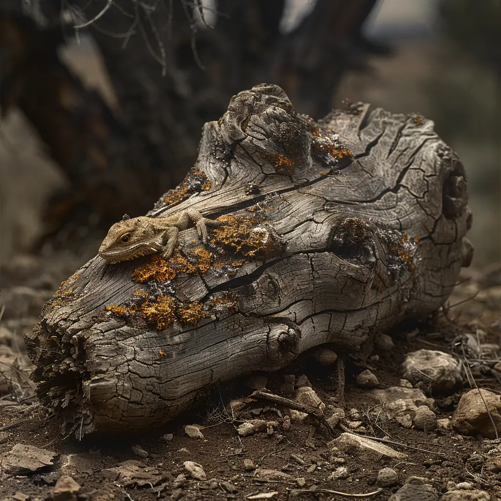 Gnarled sagebrush with rabbit fur, camouflaged horned lizard in harsh arid environment.
