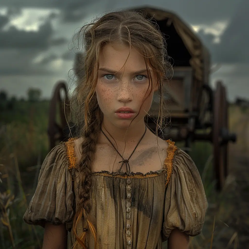 Young girl with furrowed brow, pursed lips, clenched fists, pacing uneasily beside wagon on dusty trail, showing inner turmoil.<br>