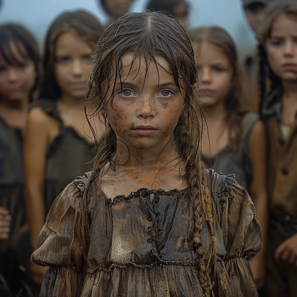 Young Emma sits alone in wagon corner, face creased with weariness, distant gaze shielding heart from pain on Oregon Trail expanse.