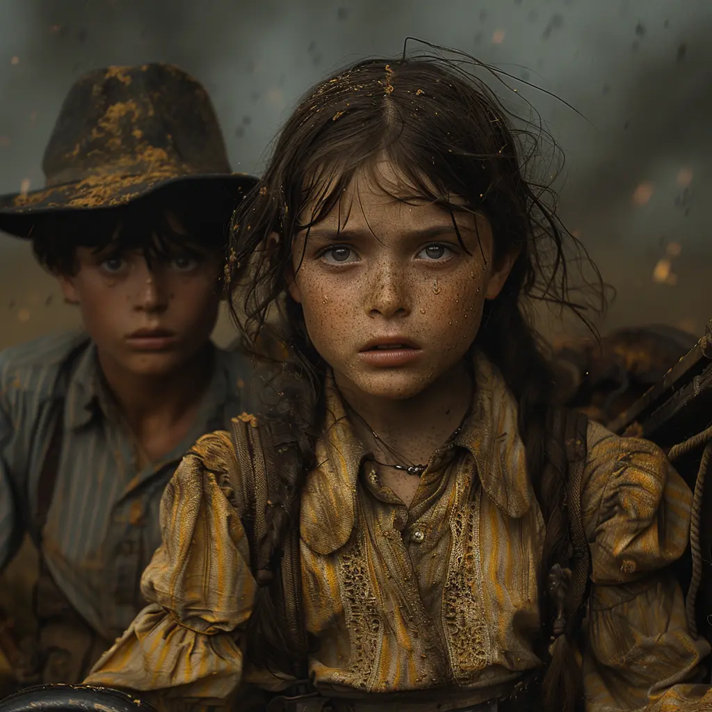 Tattered dress and shirt hung in wagon - haunting reminders of lives lost on Oregon Trail due to cruel circumstances.
