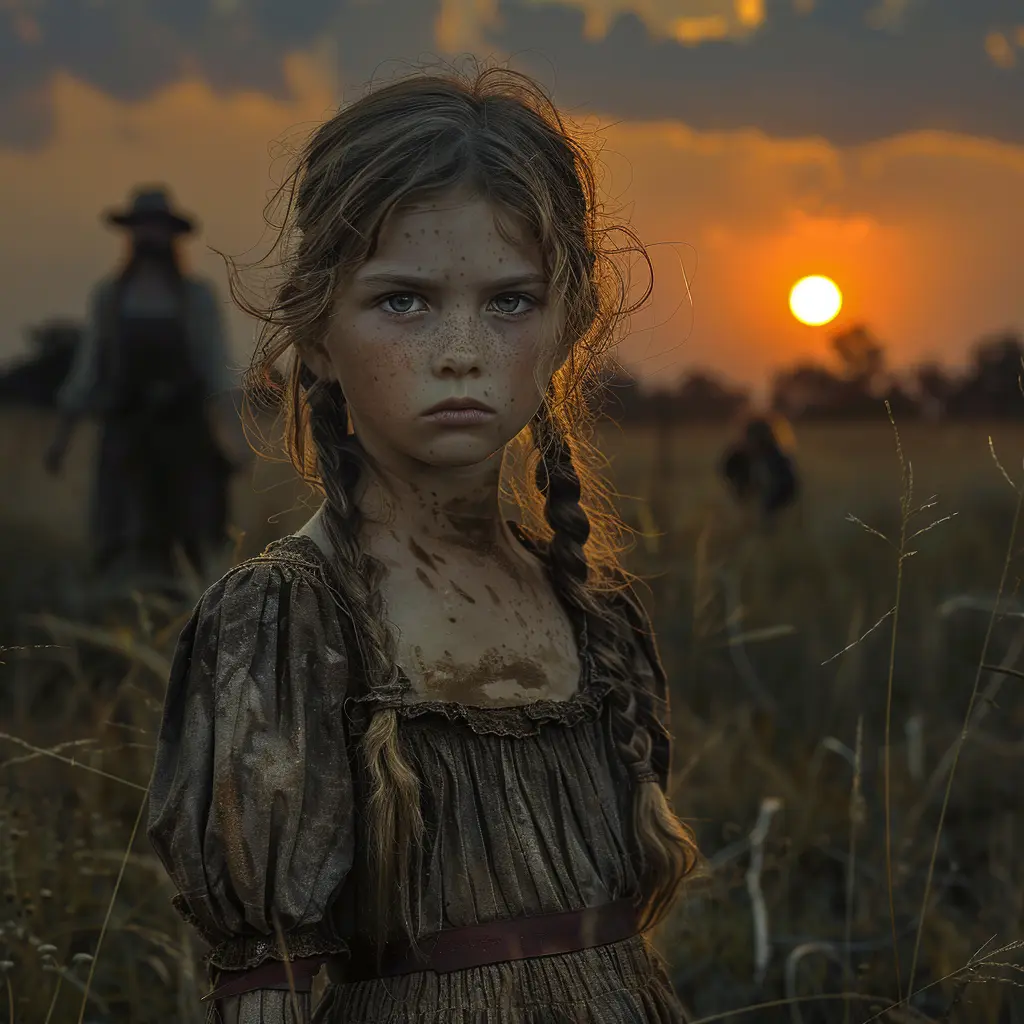 Young pioneer girl watches wagon train cross vast prairie, dwarfed by golden grasslands under sunny sky