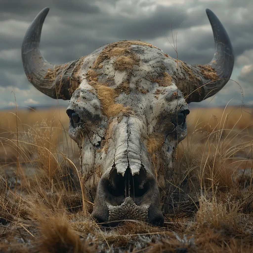 Sun-bleached buffalo skull in prairie grass, symbolizing the harsh realities of the Oregon Trail journey.