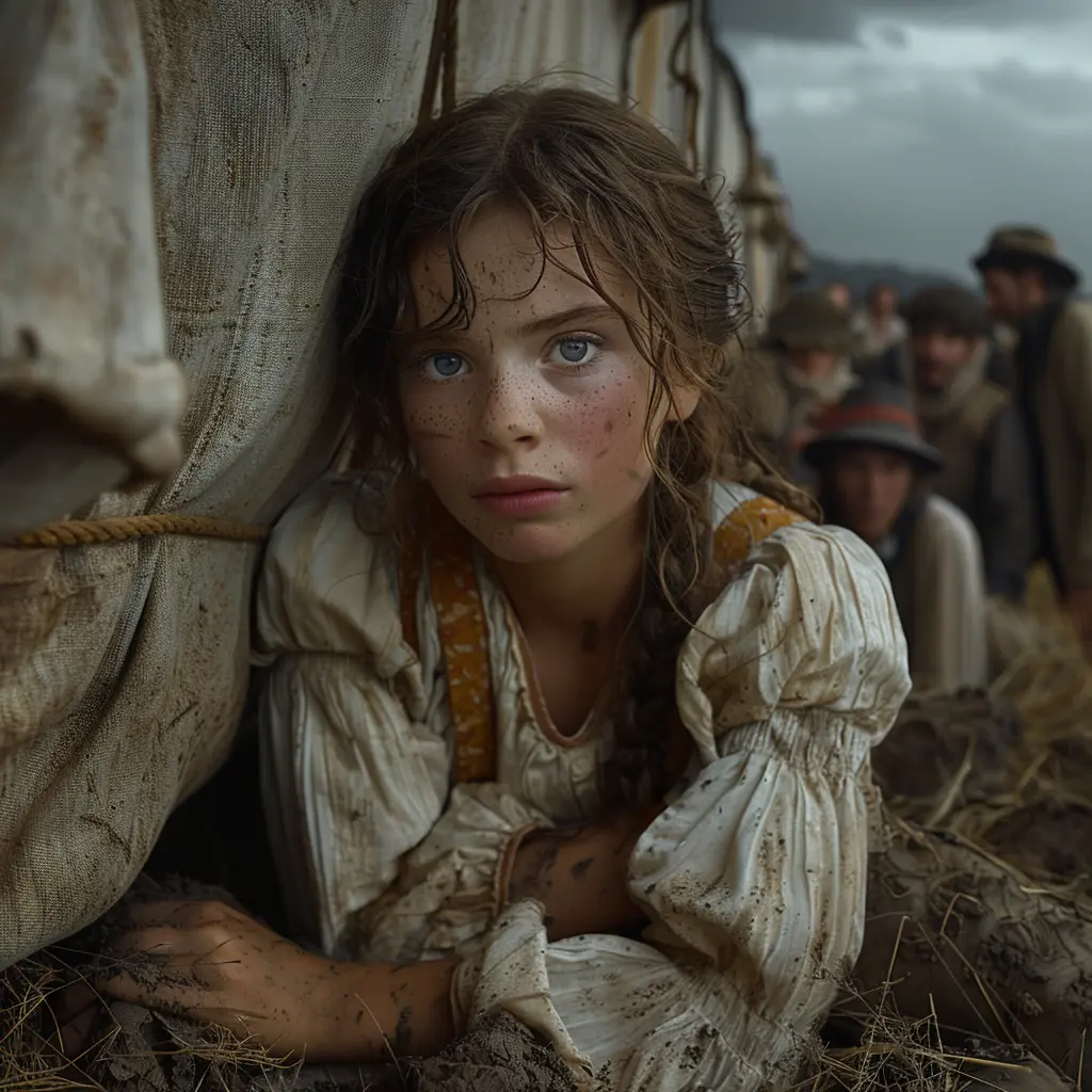 Young girl's tear-stained face illuminated by harsh sunbeam, tattered doll beside her symbolizing lost innocence.