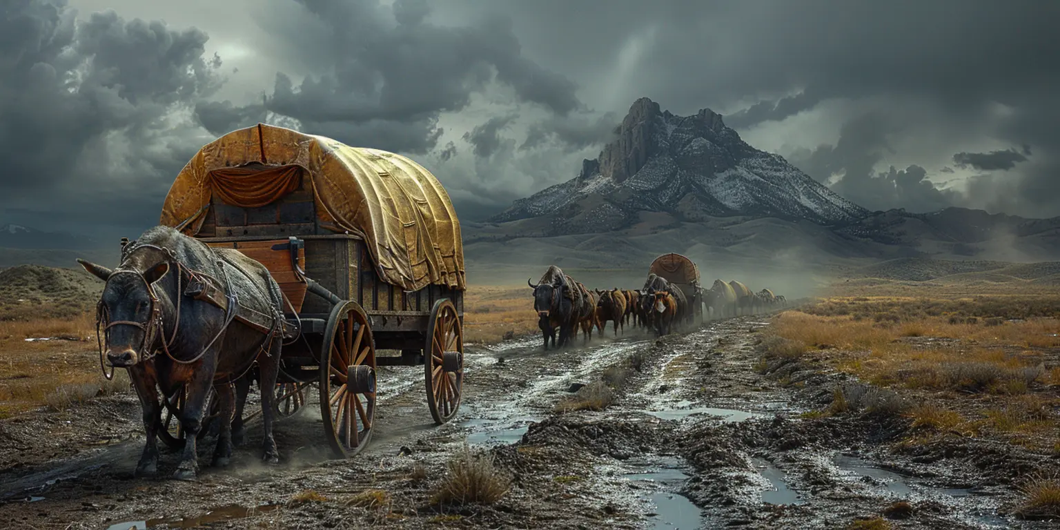 Dusty Oregon Trail scene with oxen-pulled Conestoga wagons crossing rugged terrain towards distant mountains under harsh sun.