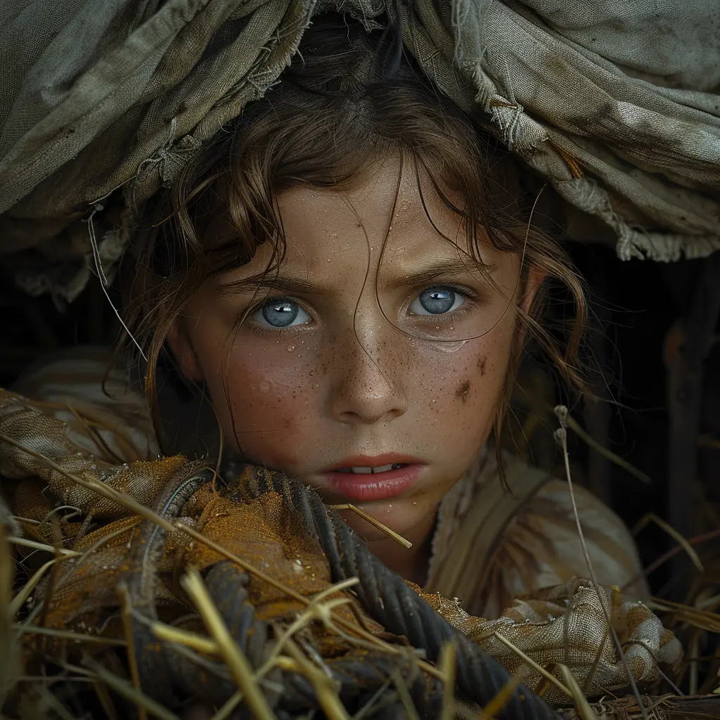 Young distressed girl clings to pioneer woman's dress on Oregon Trail wagon, tears streaming, quivering frame showing trauma.