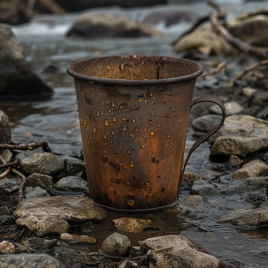Weathered tin cup beside stream, dented and scratched. Water droplets on rim. Abandoned on Oregon Trail.
