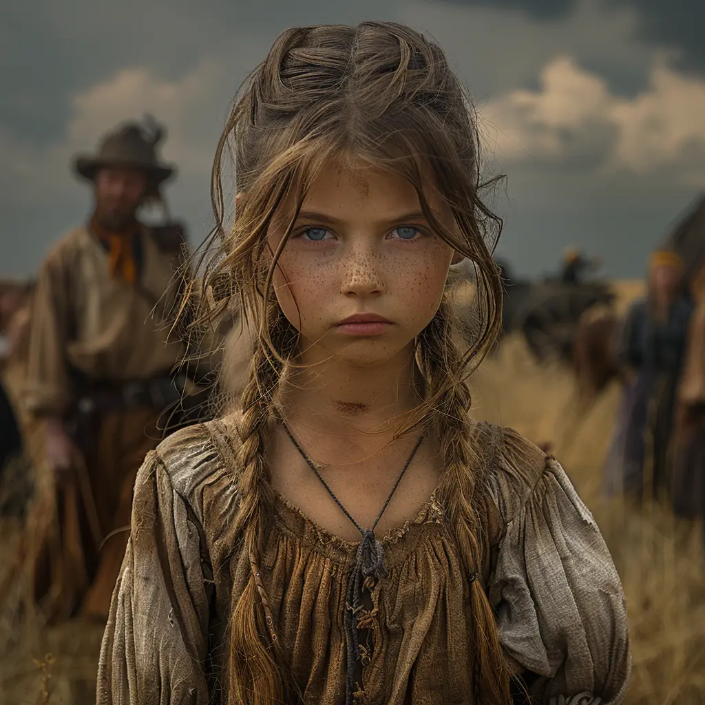 Bird's-eye view of covered wagons on prairie, young girl at front wagon scanning horizon in late afternoon light