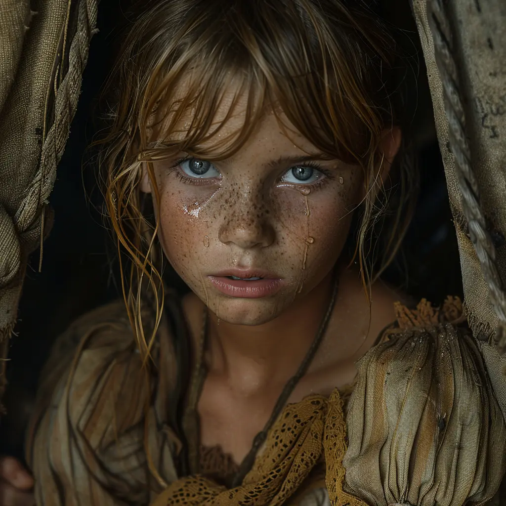 Tearful young pioneer girl huddles in corner of covered wagon, face downcast, clutching knees to chest