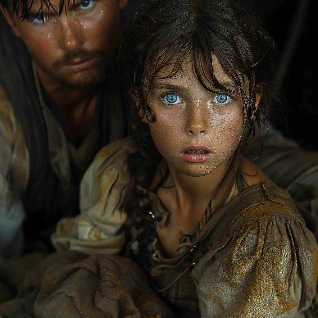 Haunted eyes of abandoned child Sarah peer from wagon, landscape echoing turbulent past, wilderness both enticing and terrifying.