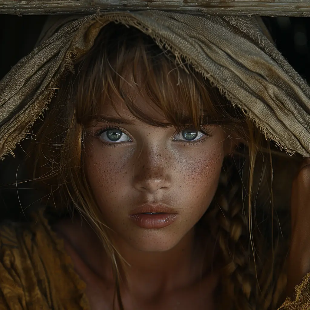 Young pioneer girl with wide eyes and freckles peeks out from covered wagon, viewing prairie landscape