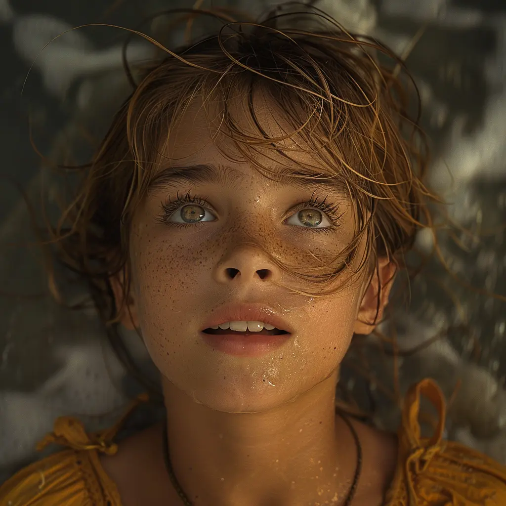 Young girl with wide eyes and joyful tears gazes at Pacific Ocean for first time, face beaming with wonder