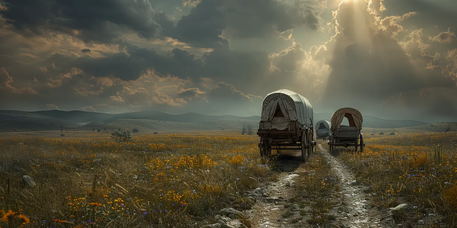 Golden prairie with Oregon Trail wagon ruts, distant covered wagons, and colorful wildflowers under a vast blue sky.