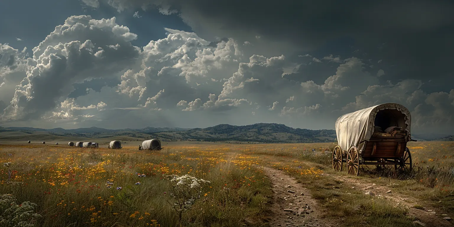 Panoramic view of Oregon Trail: covered wagons traversing vast prairie under blue sky, wildflowers in foreground.