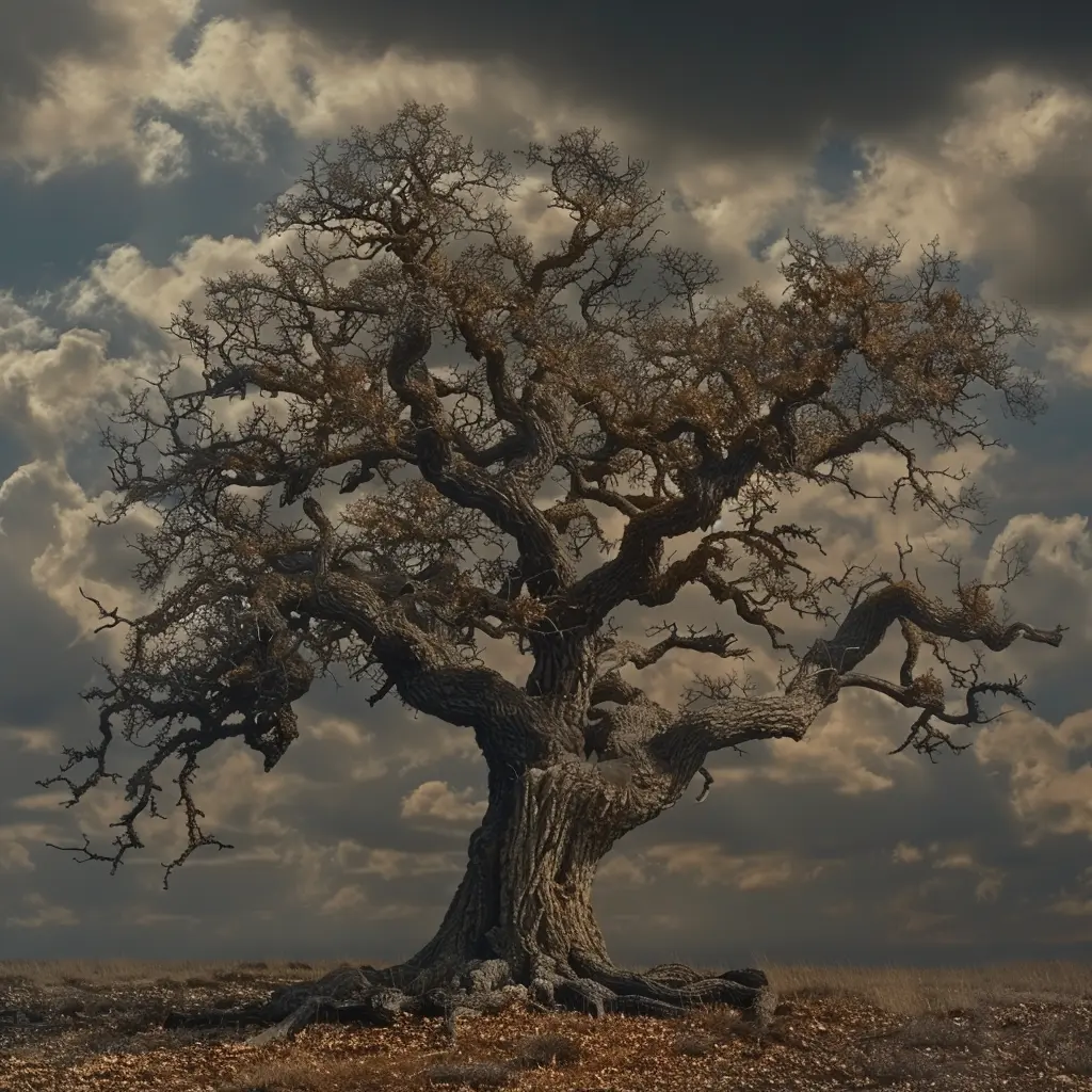 Gnarled oak tree on windswept prairie, twisted branches skyward like bony fingers, weathered bark hints at storms survived.