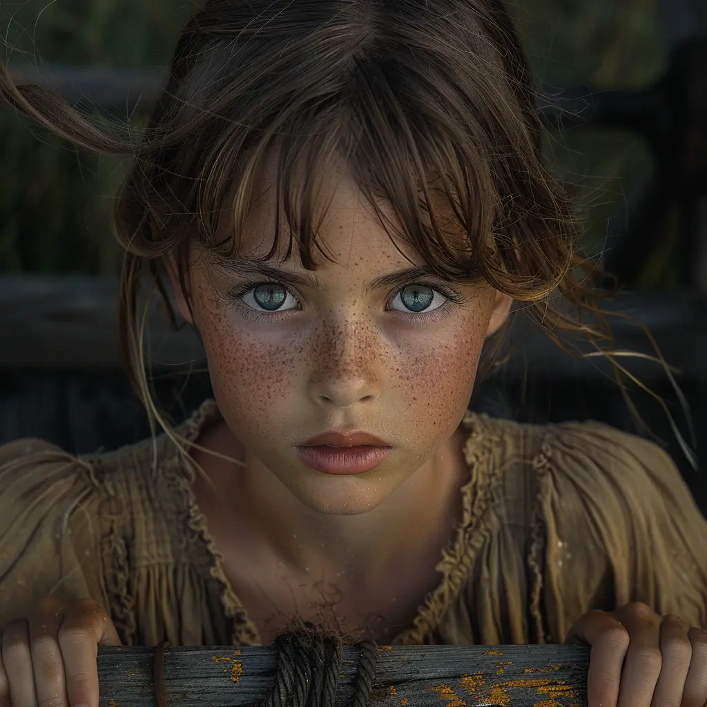 Young pioneer girl with wide eyes gazes at prairie, gripping wagon, sun-kissed face shows mix of fear and excitement<br>