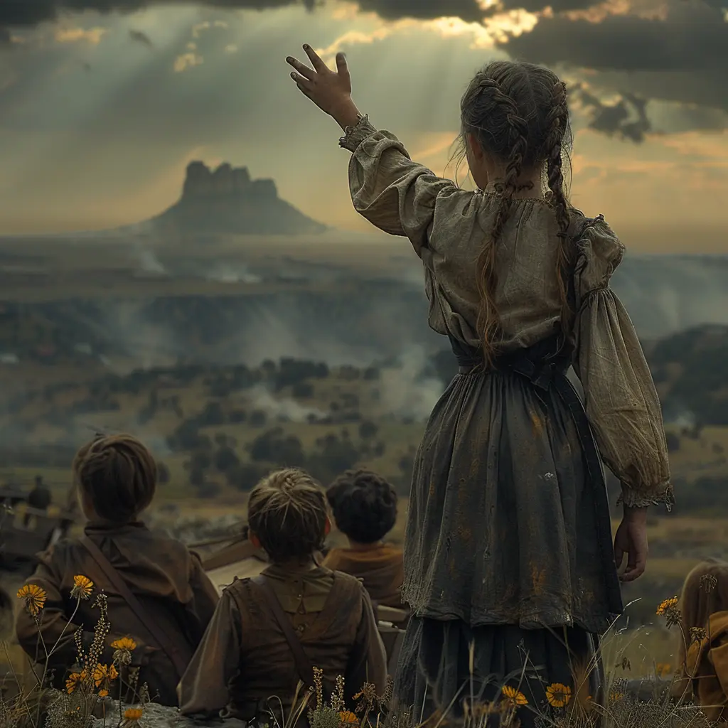 Aerial view of wagon train crossing vast prairie at sunset, with Chimney Rock visible on distant horizon.