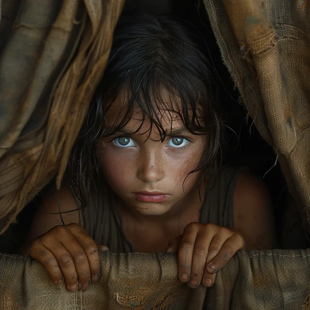 Girl peering from covered wagon, looking uncertain and isolated as other children play in background