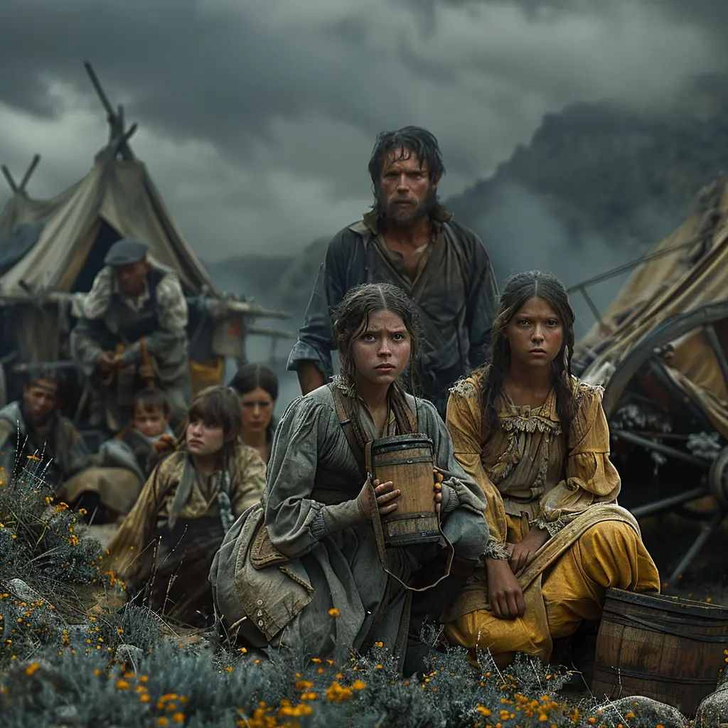 Sepia panorama: Wagon train circled on vast prairie at dusk. Young girl stands nervously in center.