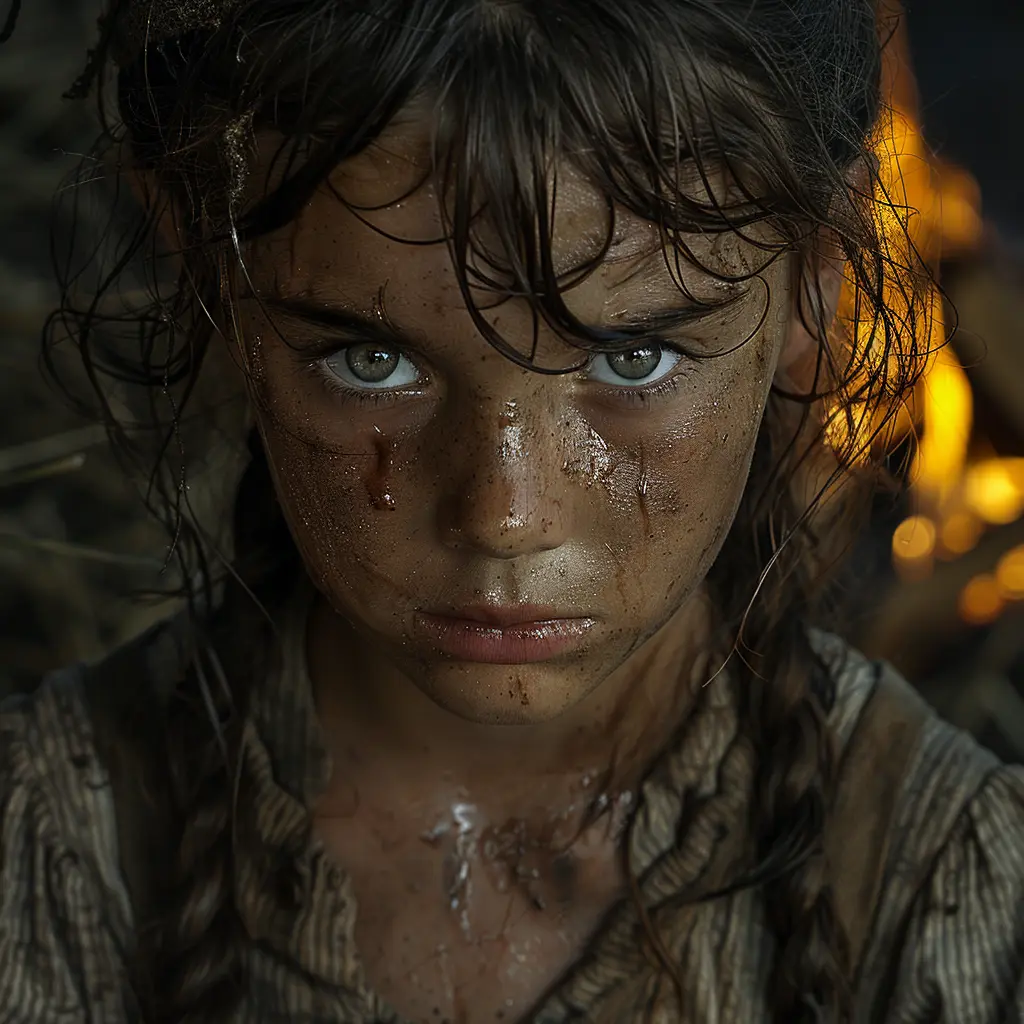 Close-up of frightened 11-year-old girl's face, tear-streaked and dirty, illuminated by campfire on Oregon Trail