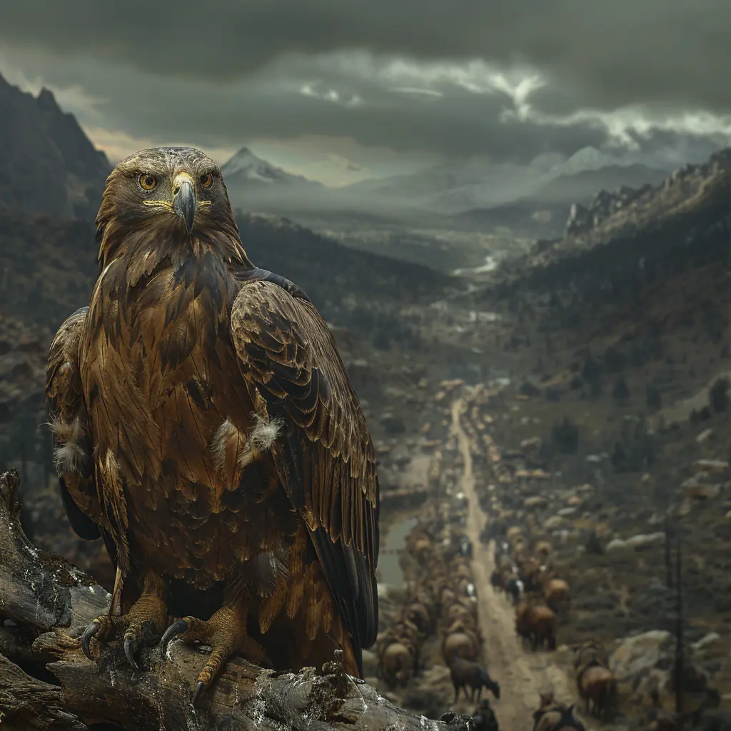 Aerial view of Oregon Trail with wagon train, vast wilderness, and eagle perched on branch overlooking scene.