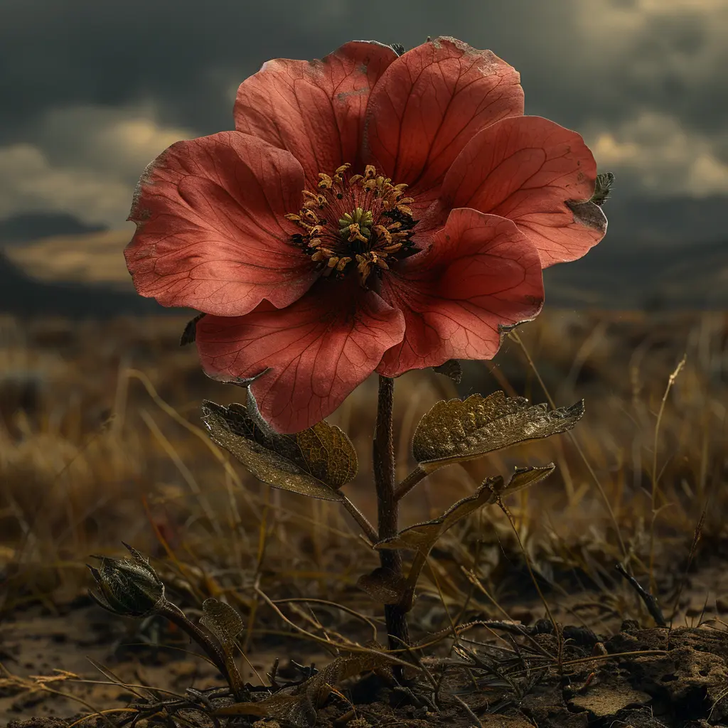 Wildflower blooms defiantly on prairie, symbolizing Sarah's resilience and hope along the arduous Oregon Trail journey.
