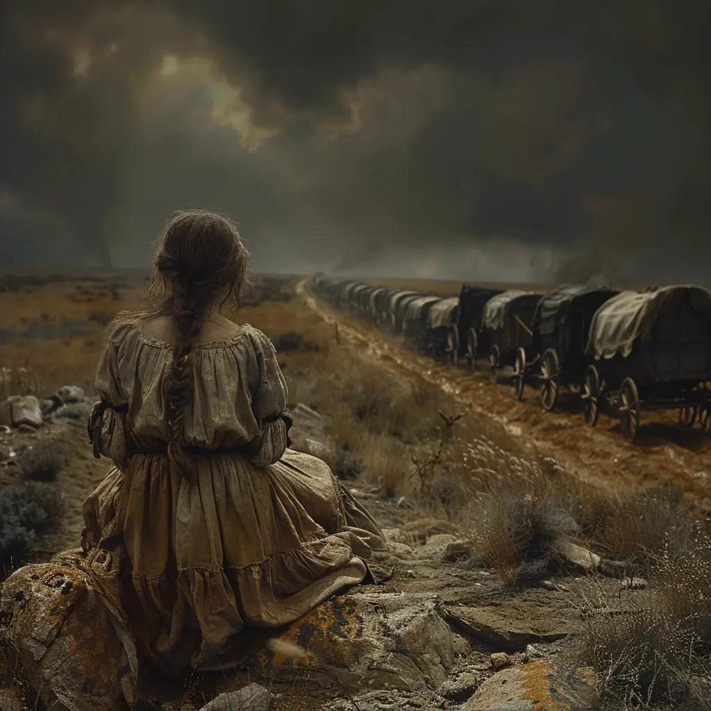 Sepia panorama: Long line of covered wagons on vast prairie. Small girl sits alone in foreground.