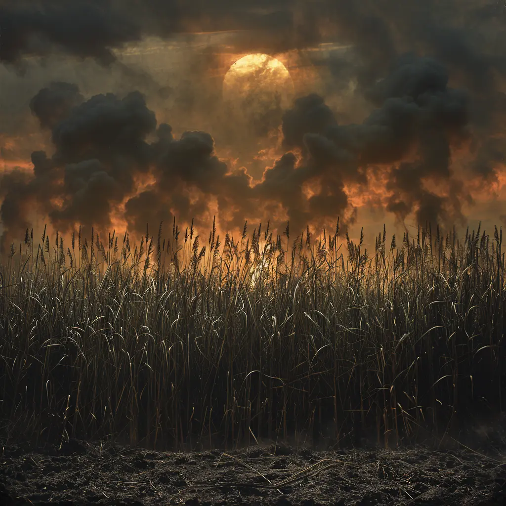 Bent grass blade amid prairie tall stalks, dirt streaks, furrowed earth, and single sunbeam - a moment of Sarah's profound sorrow.