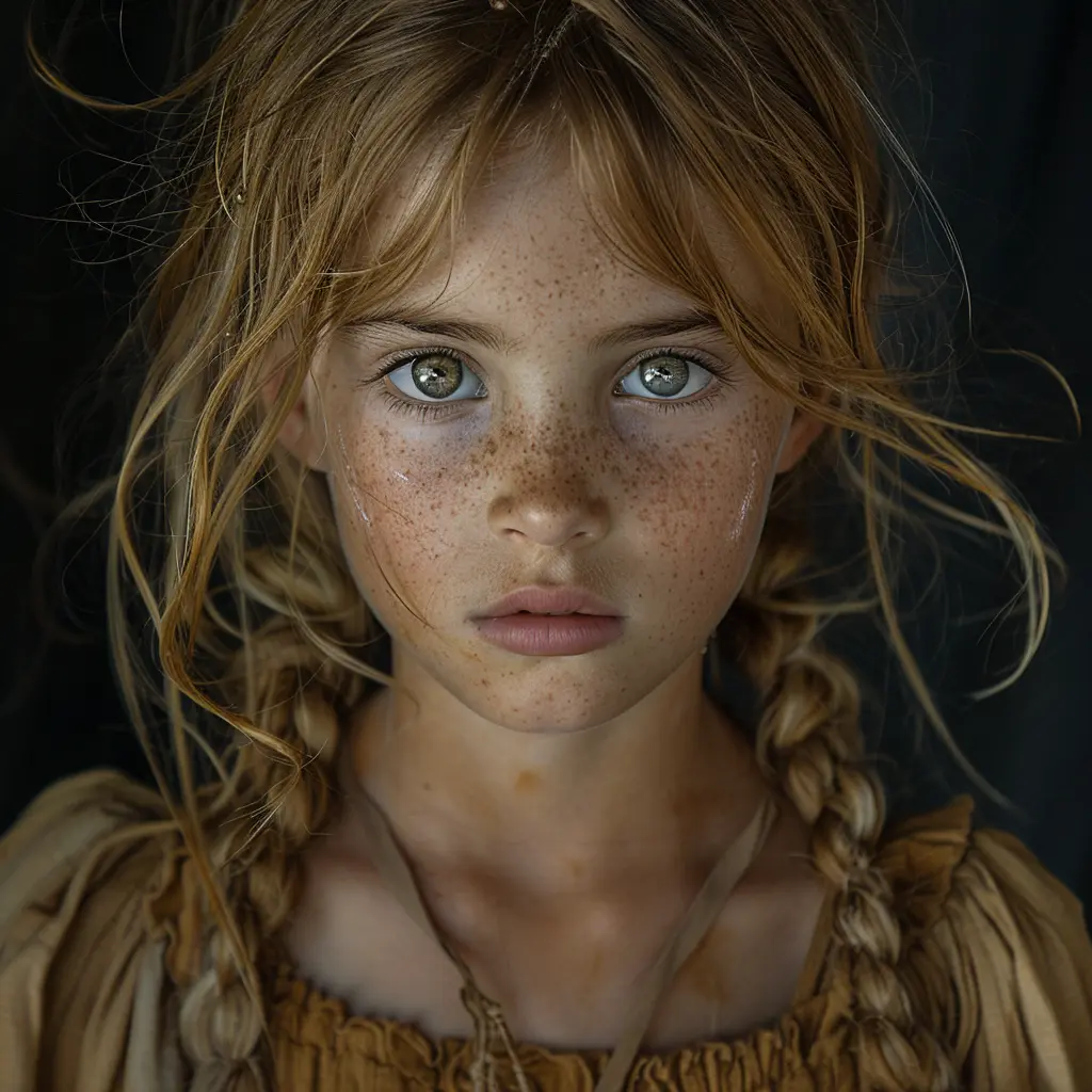 Young pioneer girl with freckles and windswept hair, smiling brightly while holding a rag doll, looking hopeful.