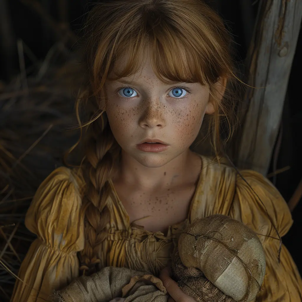 Weathered daguerreotype of young pioneer girl Sarah, holding doll, with tired but hopeful expression