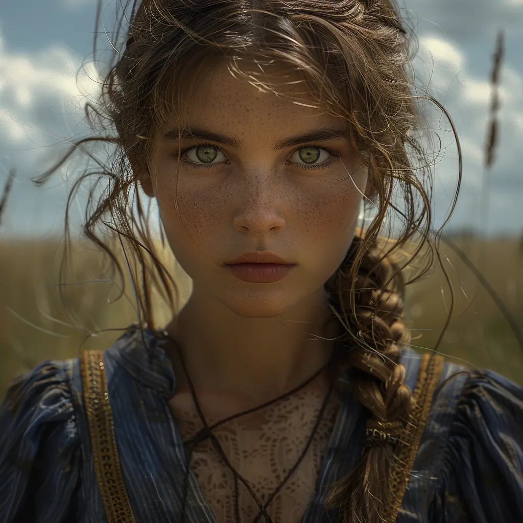 Young Eliza gazes ahead from wagon at vast golden plains and endless horizons, her hair windswept.