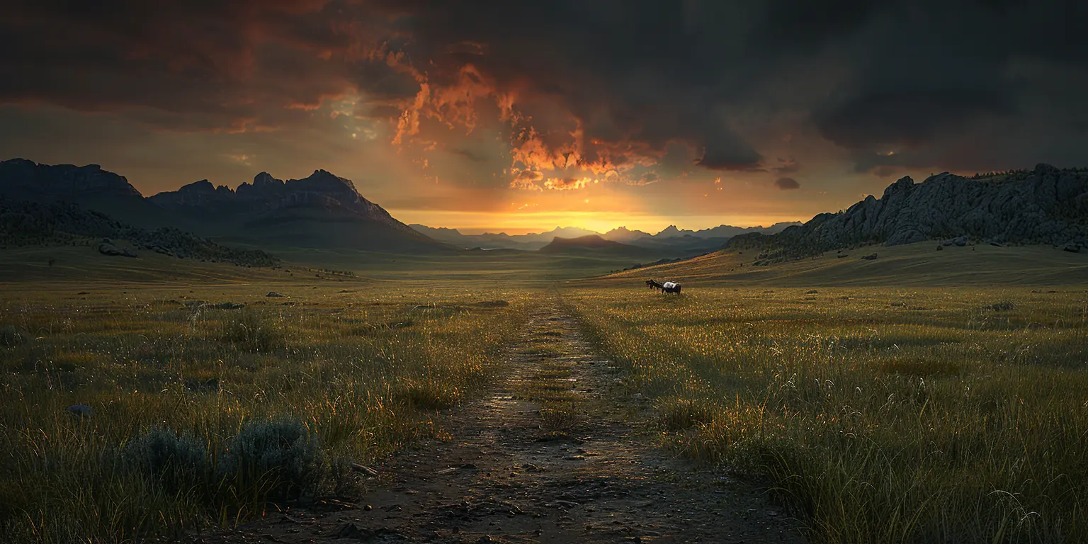 Panoramic view of Oregon Trail crossing vast prairie at sunset, distant wagon train heading towards mountains