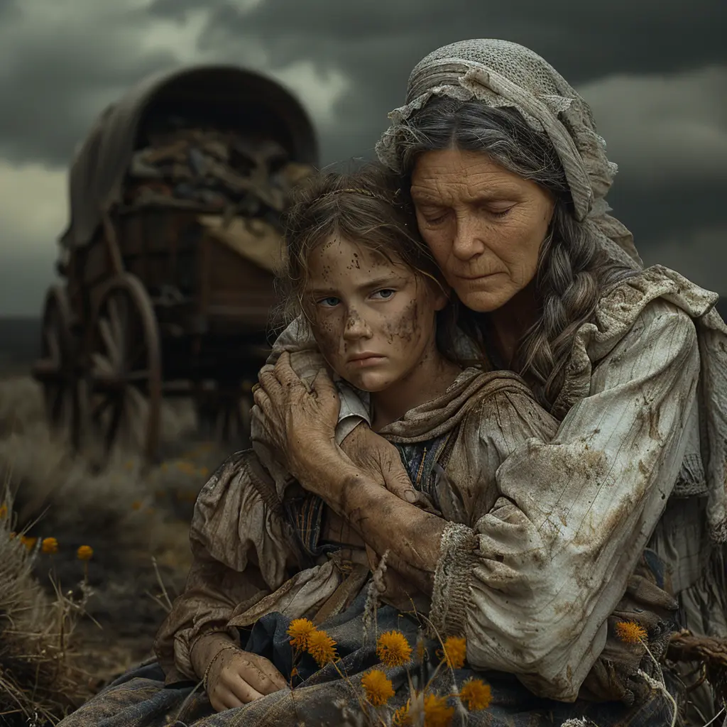 Weathered wagon on rutted trail stretches toward untamed western horizon, promising new beginnings.