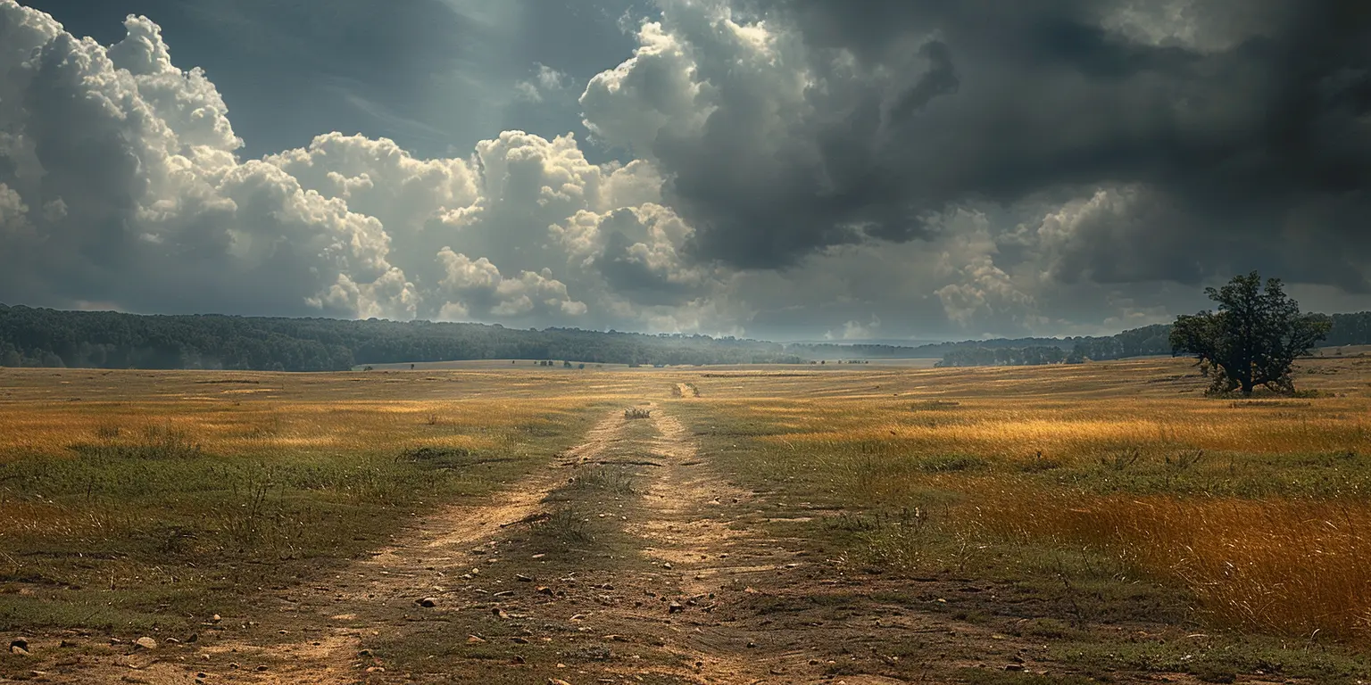 Golden prairie with Oregon Trail cutting through, wagon wheel ruts visible. Distant trees offer shade as sun sets.