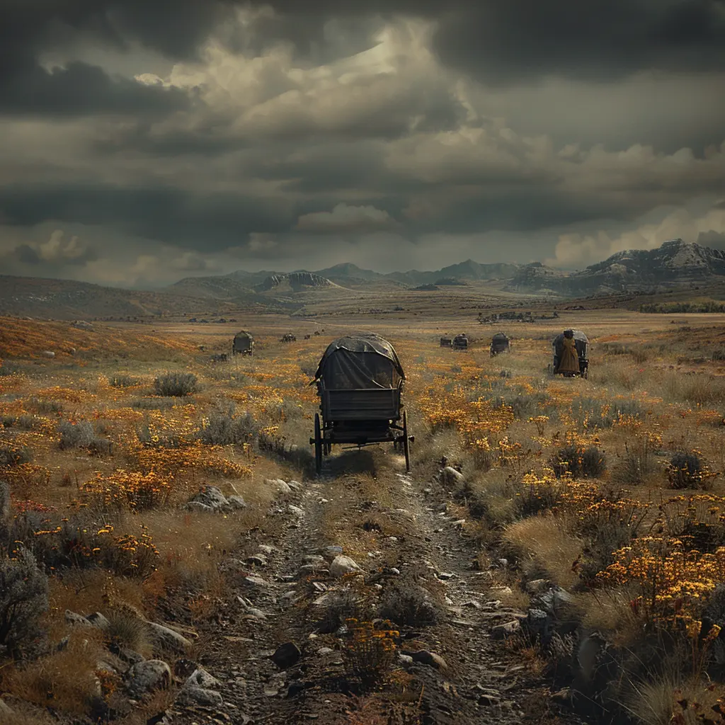 Bird's-eye view of Oregon Trail: Lone wagon train on vast prairie, zooming in on young girl walking behind last wagon.
