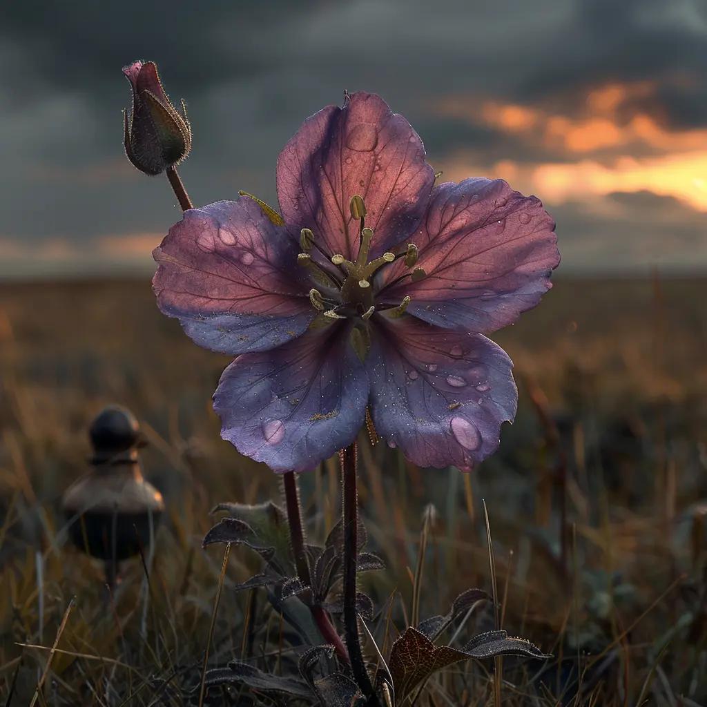 Purple wildflower in prairie at sunset, bent stem but vibrant petals, symbolizing resilience and hope
